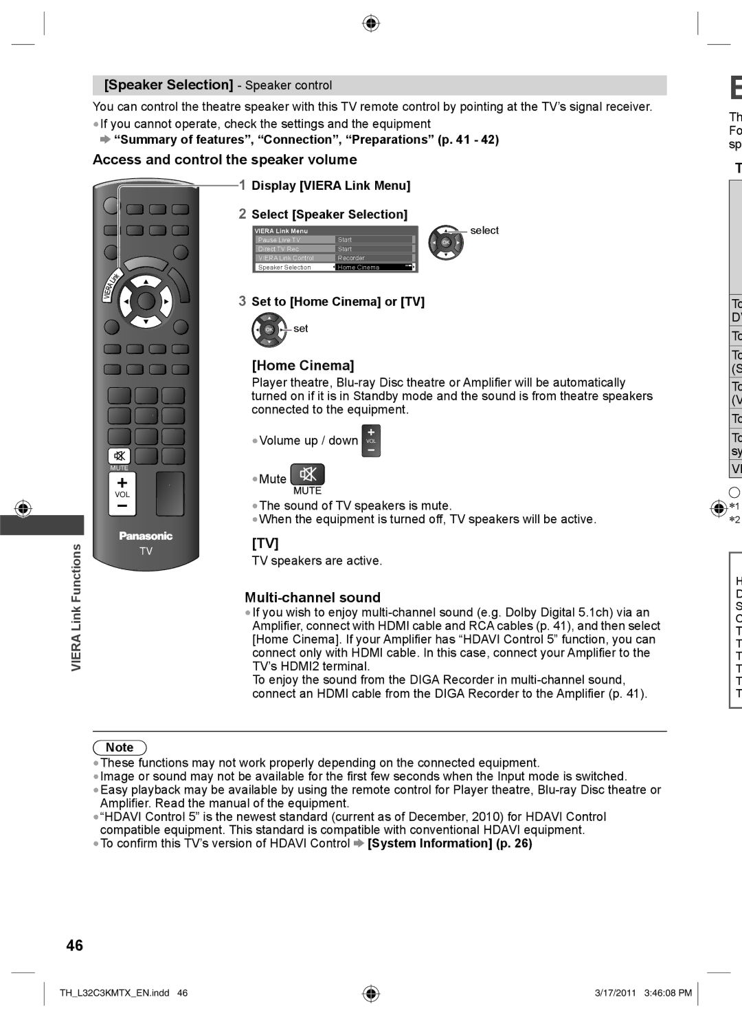 Panasonic TH-L32C3T, TH-L32C3K Speaker Selection Speaker control, Access and control the speaker volume, Home Cinema 