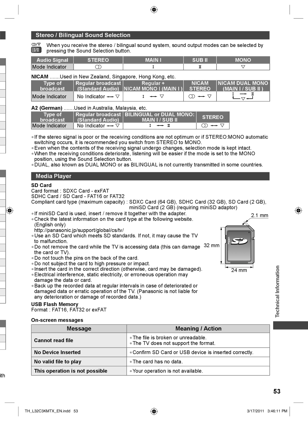 Panasonic TH-L32C3M, TH-L32C3K, TH-L32C3T, TH-L32C3X operating instructions Stereo / Bilingual Sound Selection, Media Player 