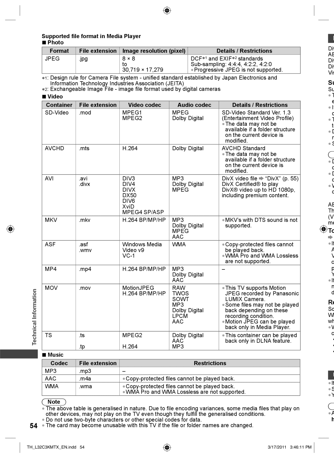 Panasonic TH-L32C3T, TH-L32C3K Supported file format in Media Player Photo Format, Details / Restrictions, Video Container 