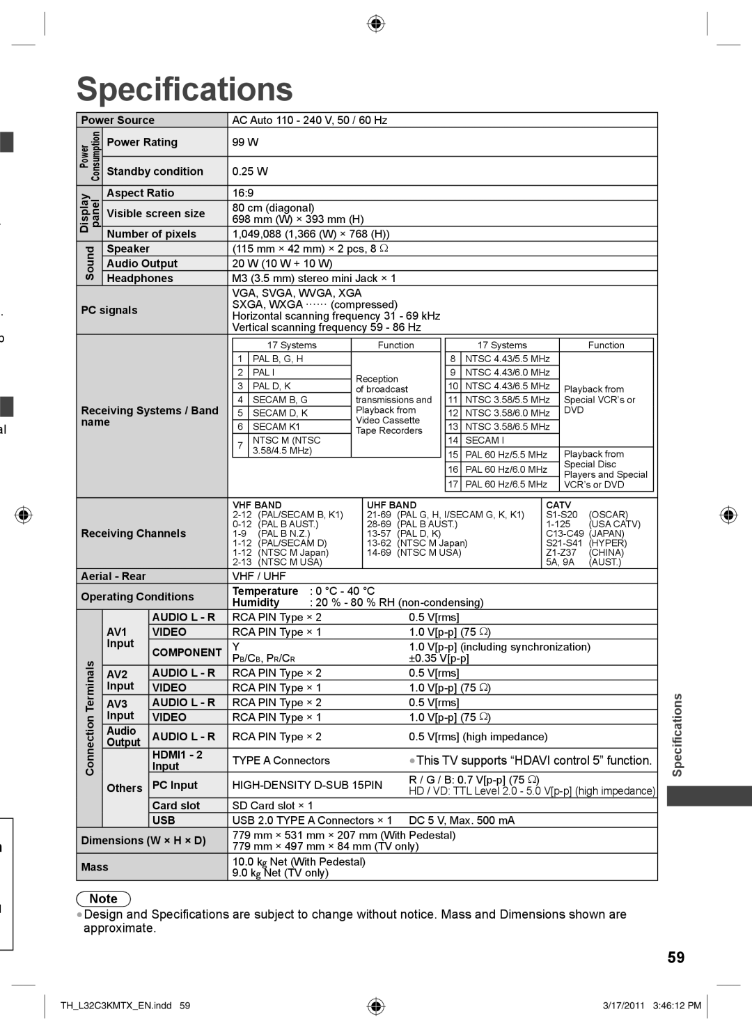 Panasonic TH-L32C3X, TH-L32C3K, TH-L32C3M, TH-L32C3T operating instructions Specifications, PC signals 