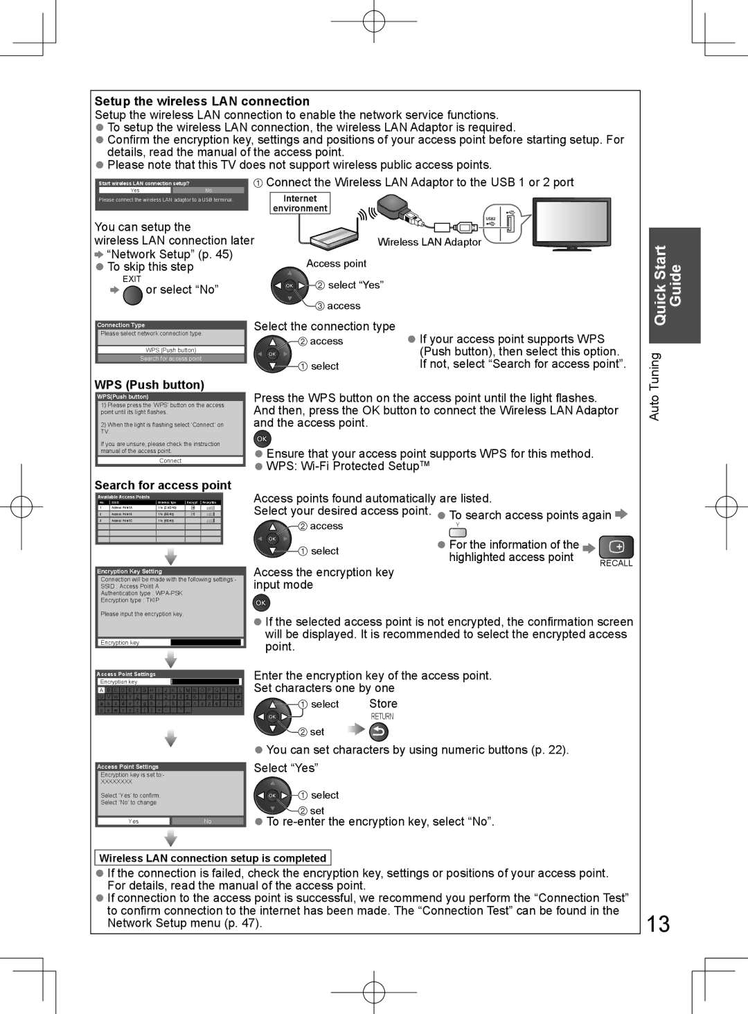 Panasonic TH-L32D25M manual Quick Start Guide, Setup the wireless LAN connection, WPS Push button, Search for access point 