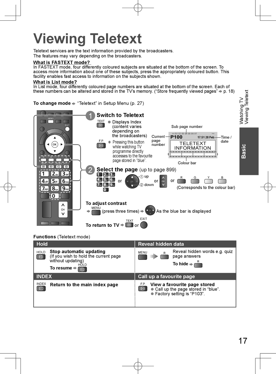 Panasonic TH-L32D25M manual Viewing Teletext, Select the page up to, Hold Reveal hidden data, Call up a favourite 