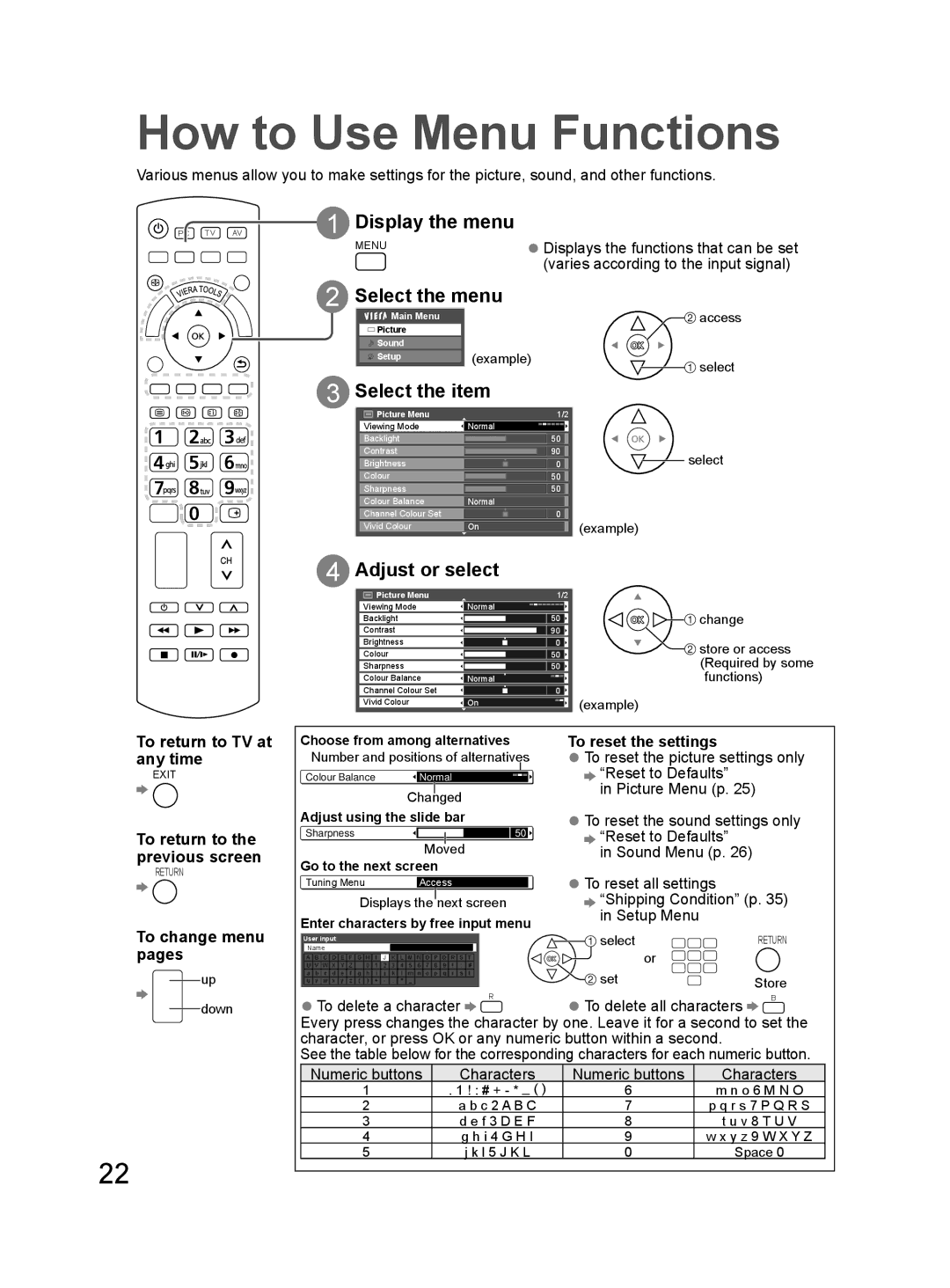 Panasonic TH-L32D25M manual How to Use Menu Functions, Display the menu, Select the menu, Select the item, Adjust or select 