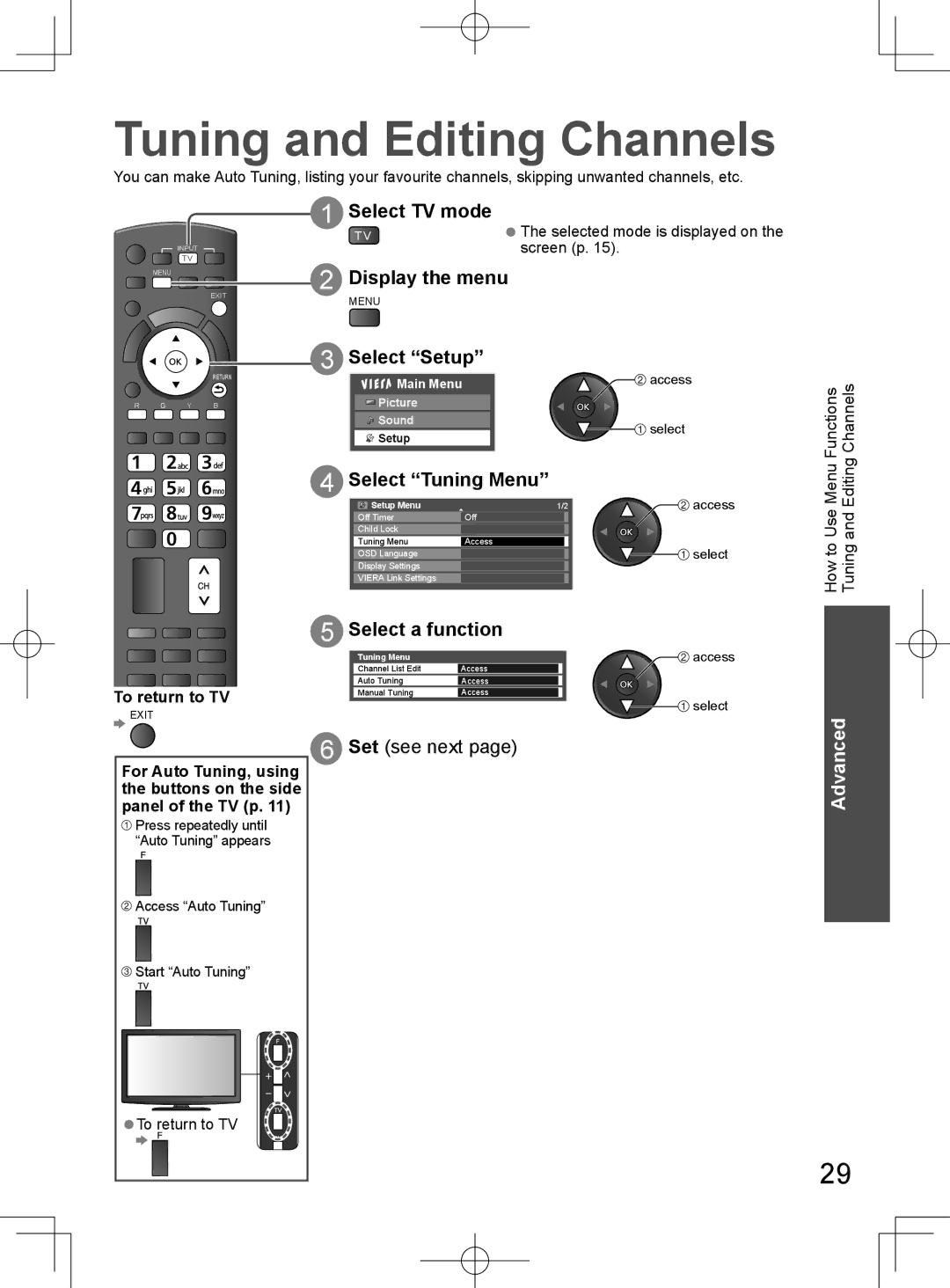 Panasonic TH-L32D25M Tuning and Editing Channels, Select TV mode, Select Setup, Select Tuning Menu, Select a function 