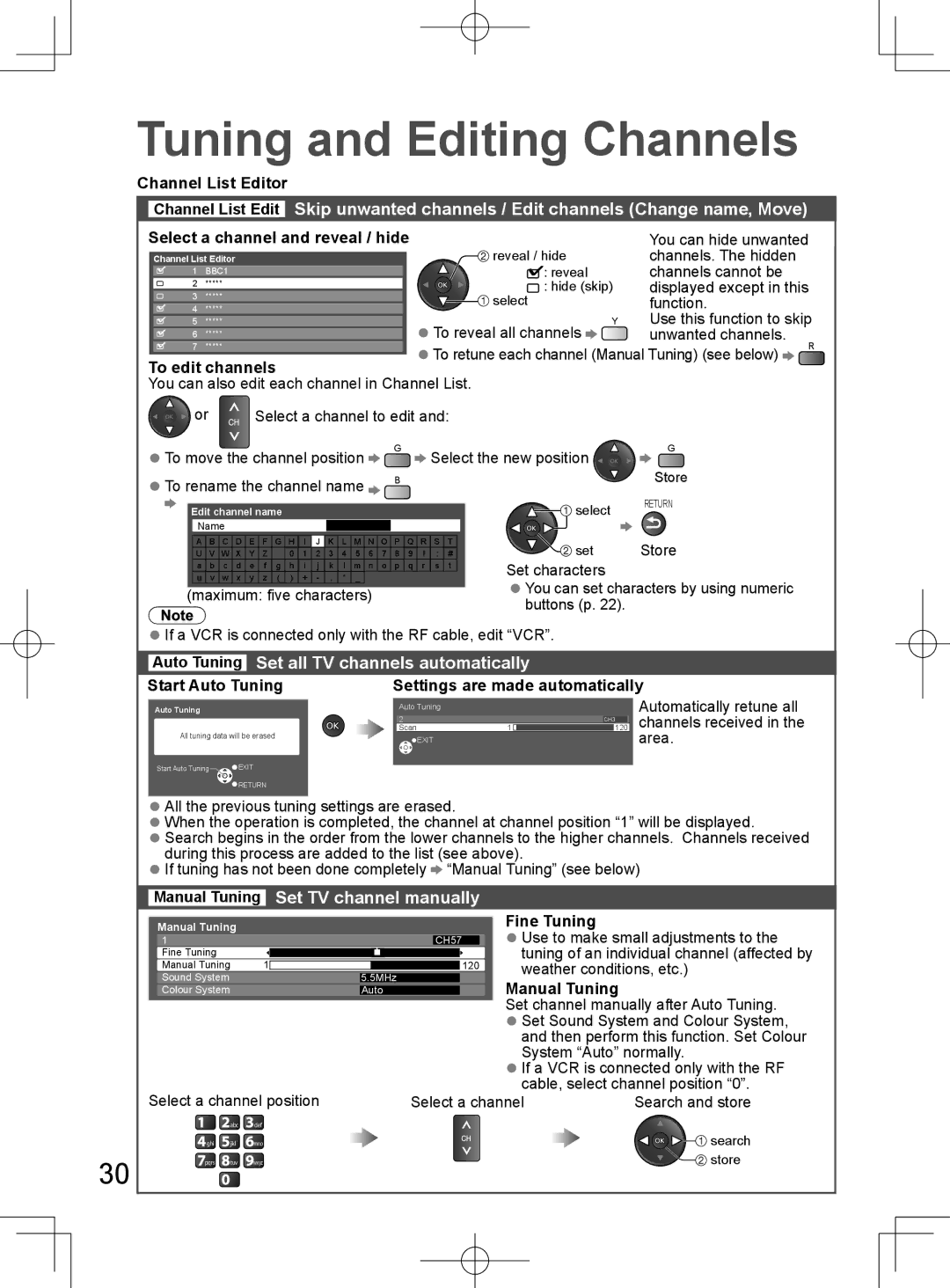 Panasonic TH-L32D25M Auto Tuning Set all TV channels automatically, Manual Tuning Set TV channel manually 