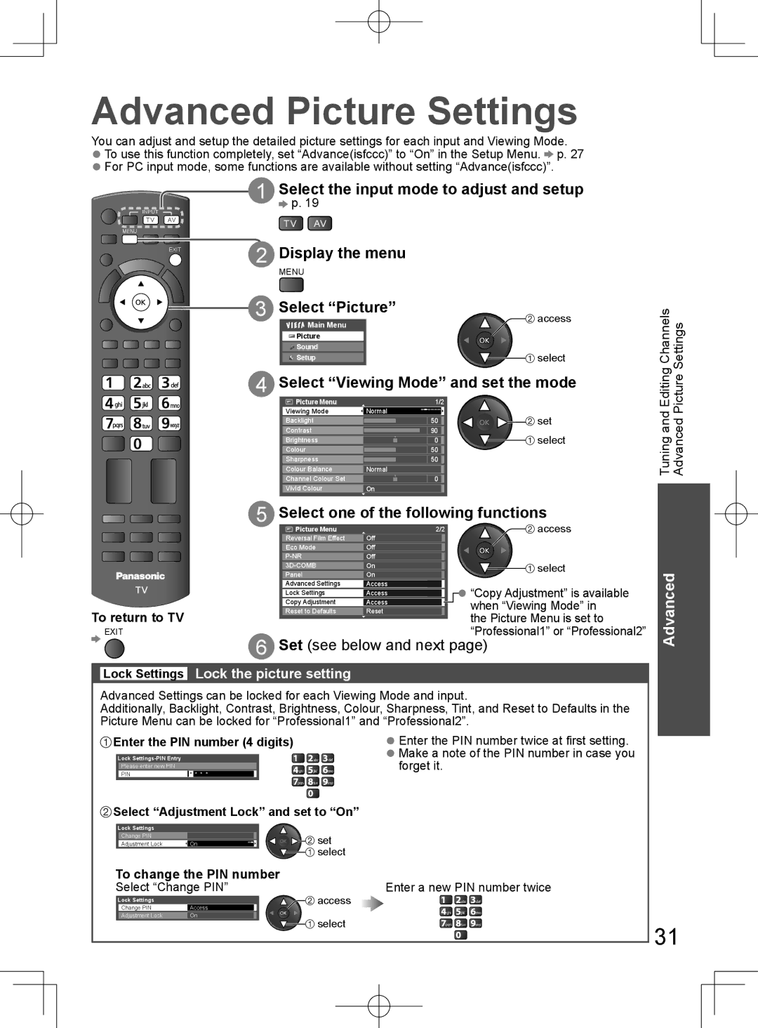 Panasonic TH-L32D25M manual Advanced Picture Settings, Select the input mode to adjust and setup, Display the menu 