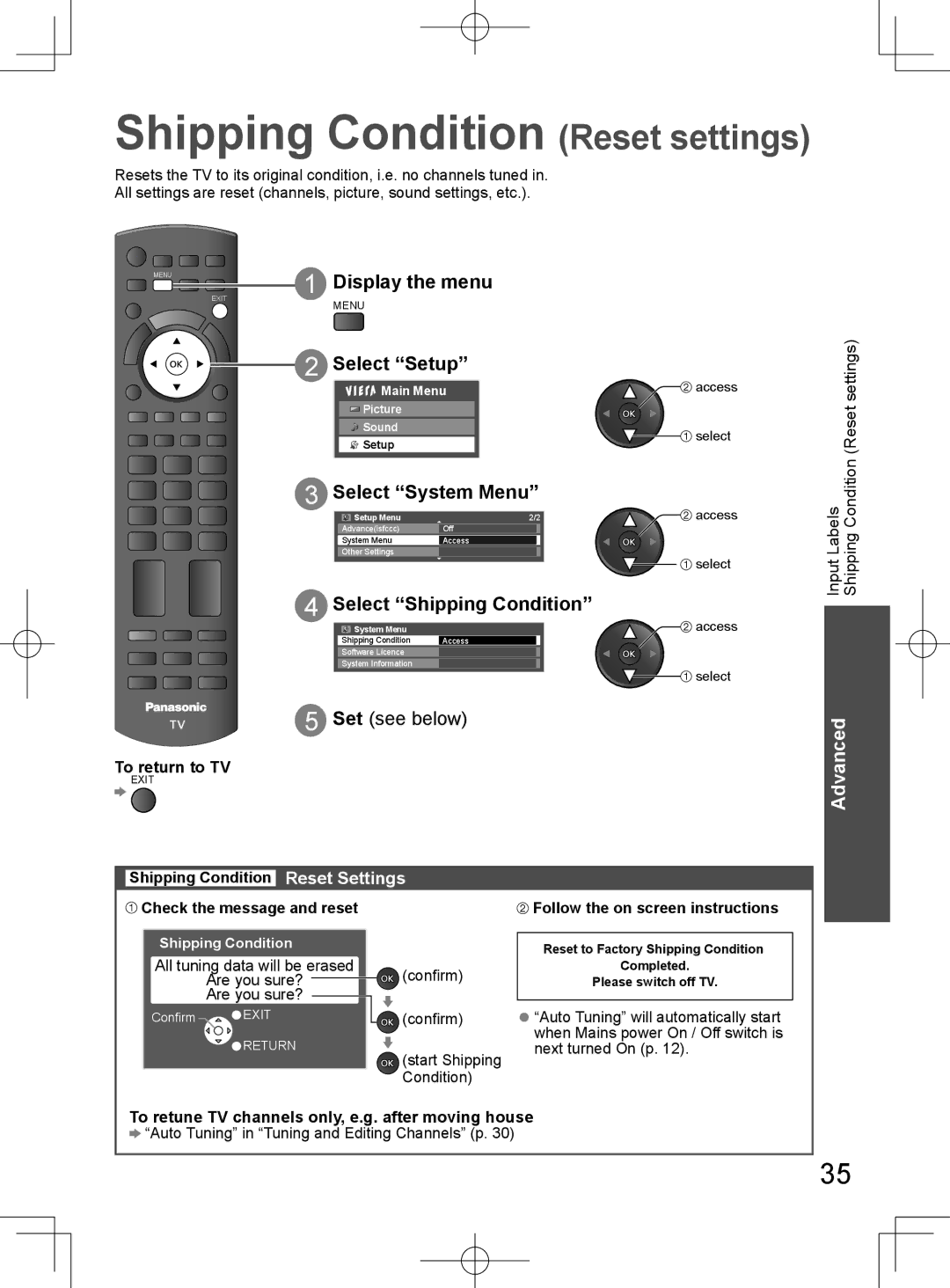 Panasonic TH-L32D25M manual Shipping Condition Reset settings, Select Setup, Select System Menu, Select Shipping Condition 