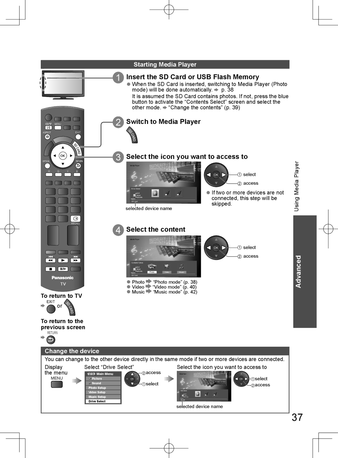 Panasonic TH-L32D25M Insert the SD Card or USB Flash Memory, Switch to Media Player, Select the icon you want to access to 