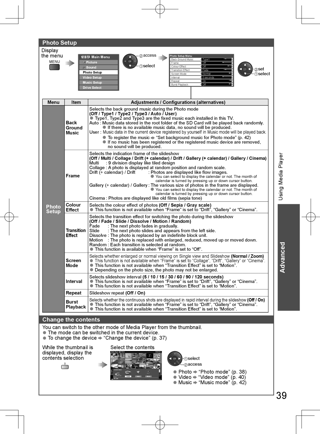 Panasonic TH-L32D25M manual Photo Setup, Change the contents 