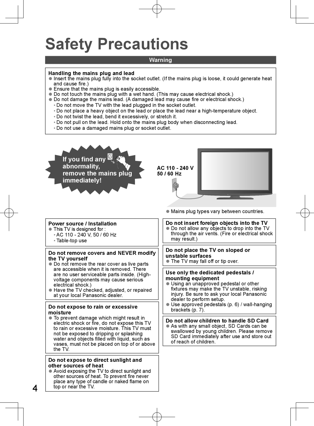 Panasonic TH-L32D25M manual Safety Precautions 