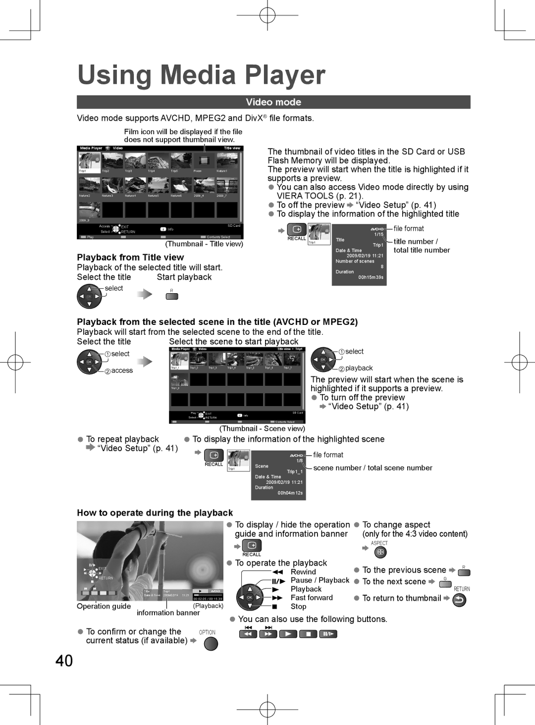 Panasonic TH-L32D25M manual Video mode, Video Setup p, How to operate during the playback 