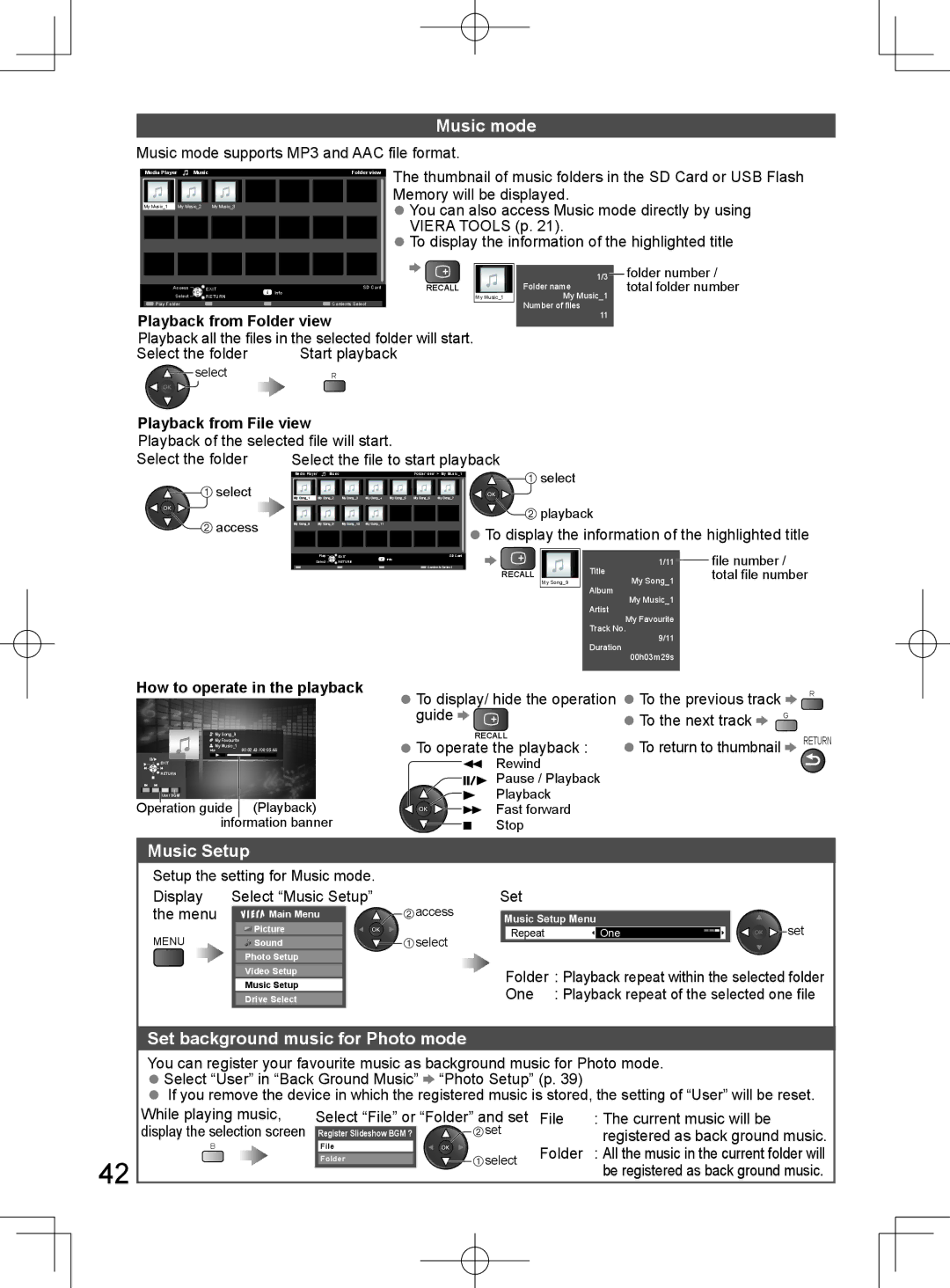 Panasonic TH-L32D25M manual Music mode, Music Setup, Set background music for Photo mode 