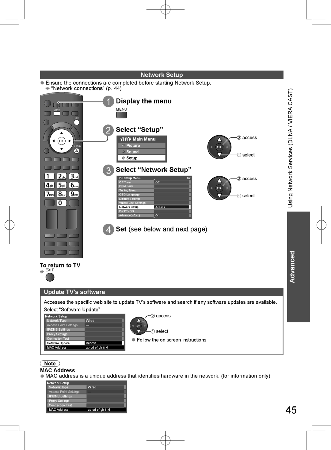 Panasonic TH-L32D25M Select Network Setup, Update TV’s software, Using Network Services Dlna / Viera Cast, MAC Address 