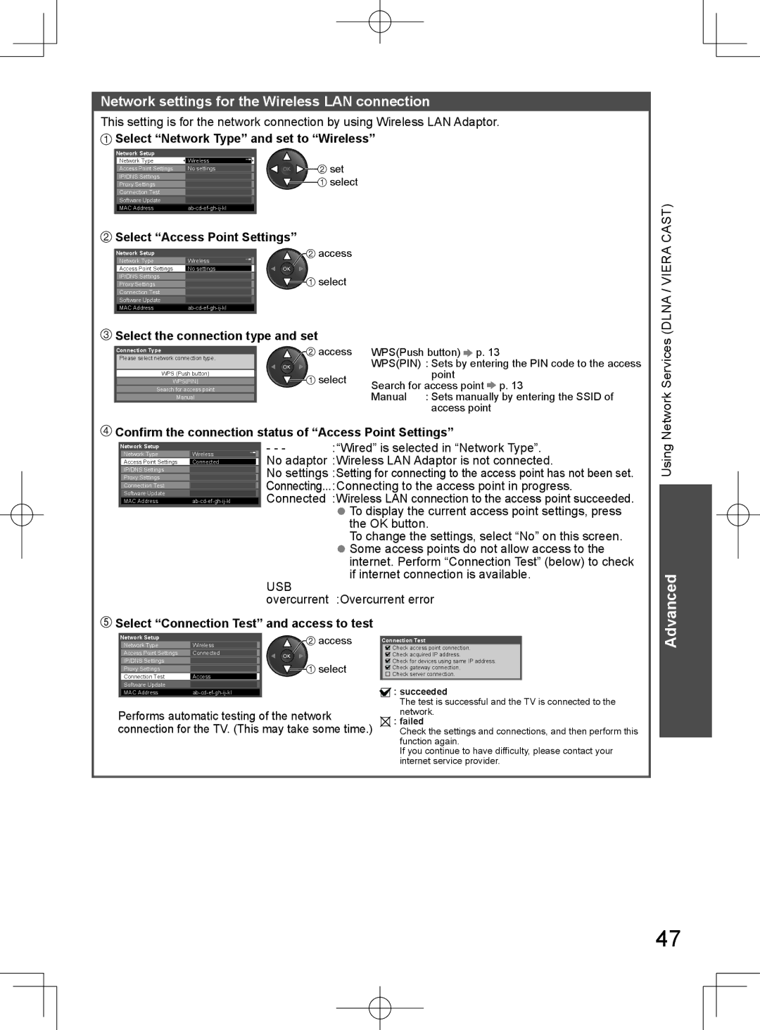 Panasonic TH-L32D25M manual Network settings for the Wireless LAN connection, Select Network Type and set to Wireless 