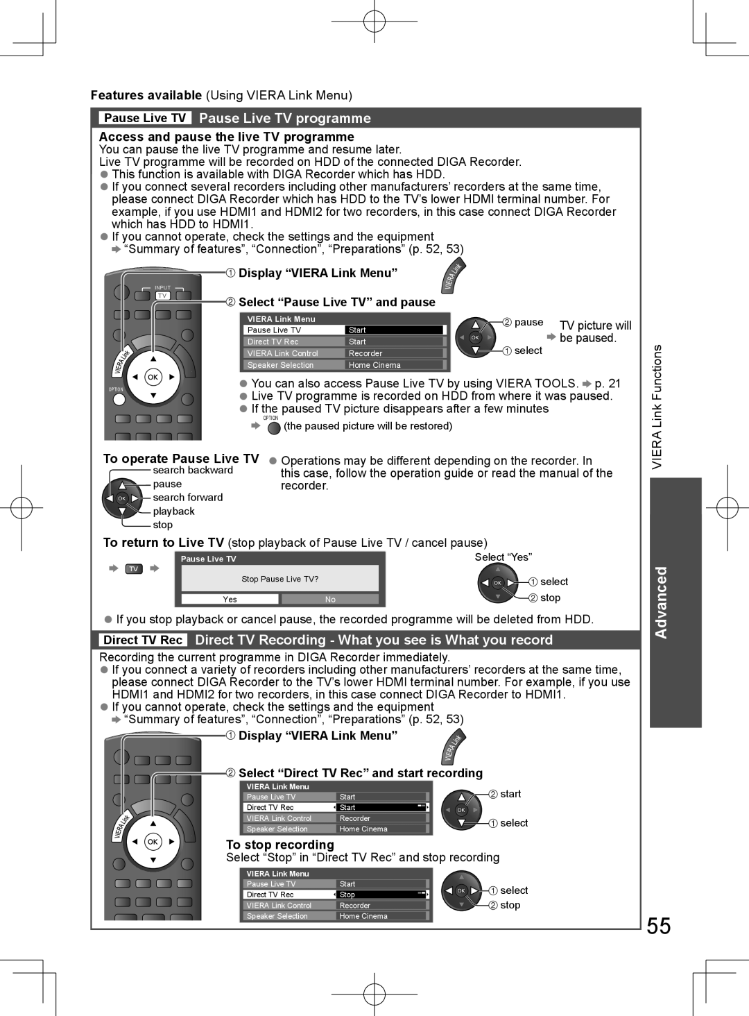 Panasonic TH-L32D25M manual Advanced Advanced, Pause Live TV Pause Live TV programme, To stop recording 