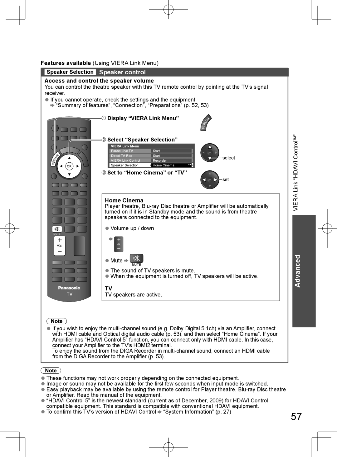 Panasonic TH-L32D25M manual Display Viera Link Menu Select Speaker Selection, Set to Home Cinema or TV 