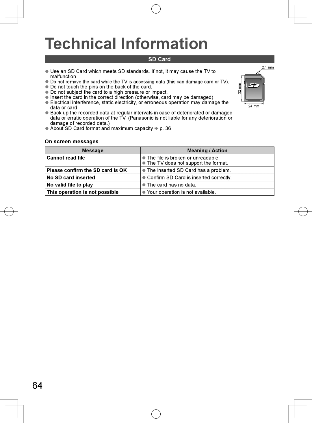 Panasonic TH-L32D25M manual SD Card, No SD card inserted 