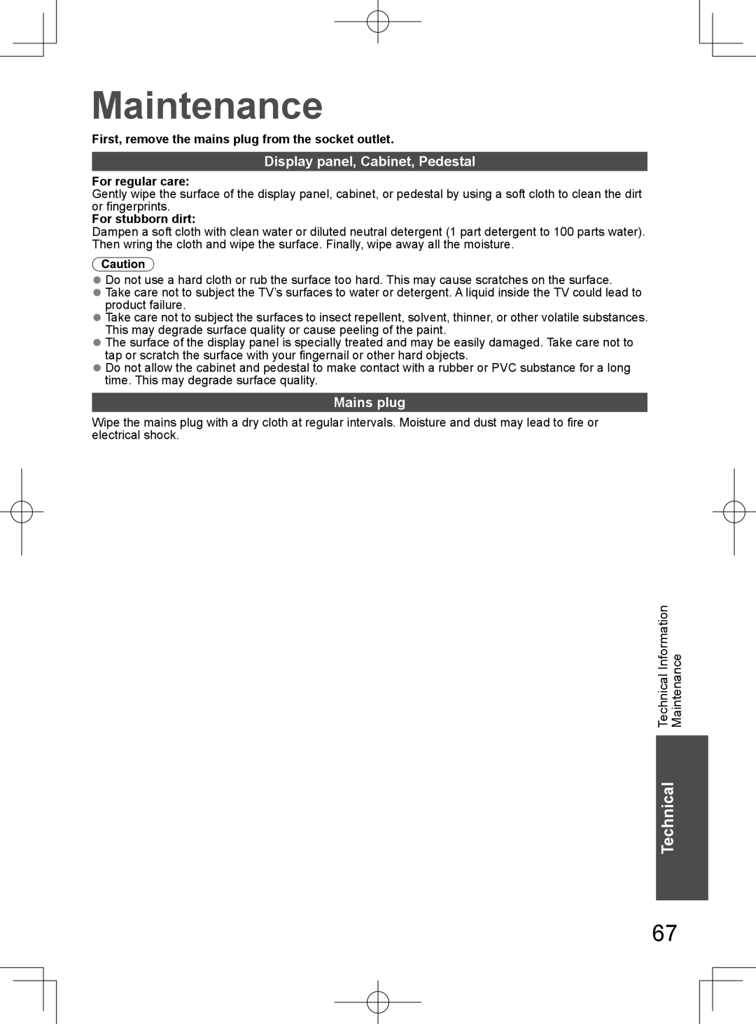 Panasonic TH-L32D25M manual Maintenance, Display panel, Cabinet, Pedestal, Mains plug 