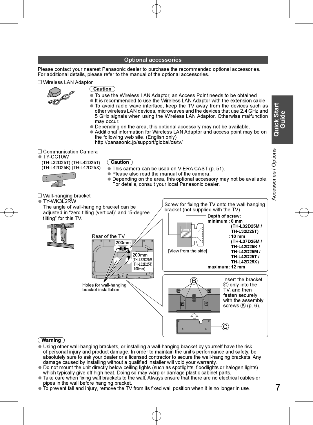 Panasonic TH-L32D25M manual Quick Start Guide, Optional accessories, Communication Camera TY-CC10W, Wall-hanging bracket 