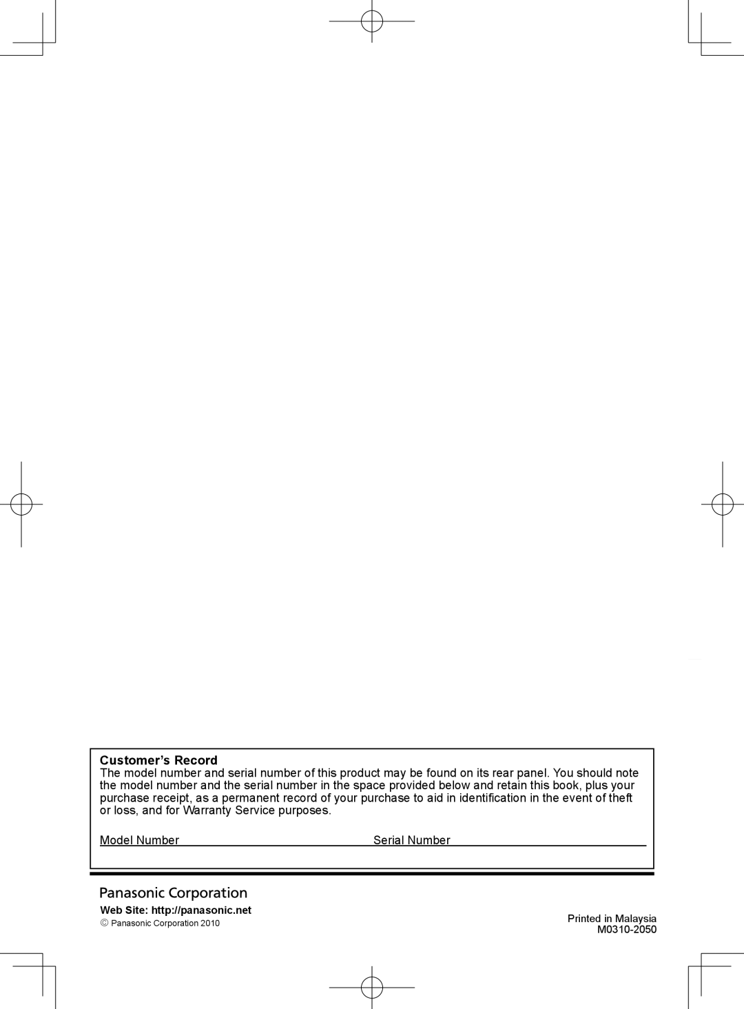 Panasonic TH-L32D25M manual Customer’s Record 