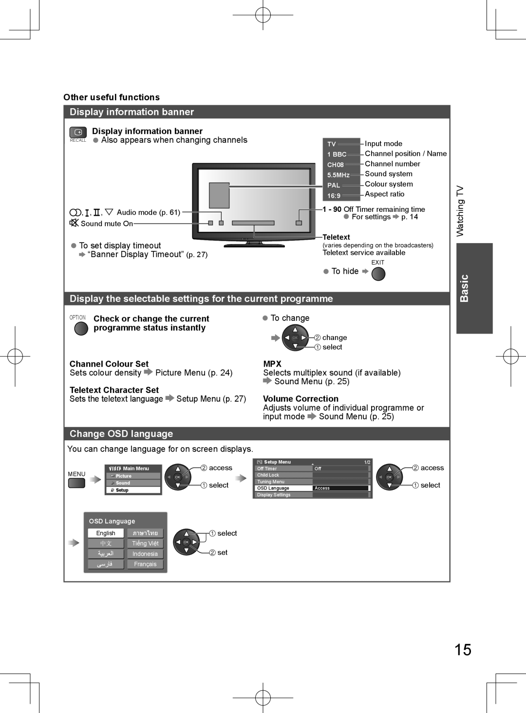 Panasonic TH-L32D25M manual Display information banner, Display the selectable settings for the current programme 