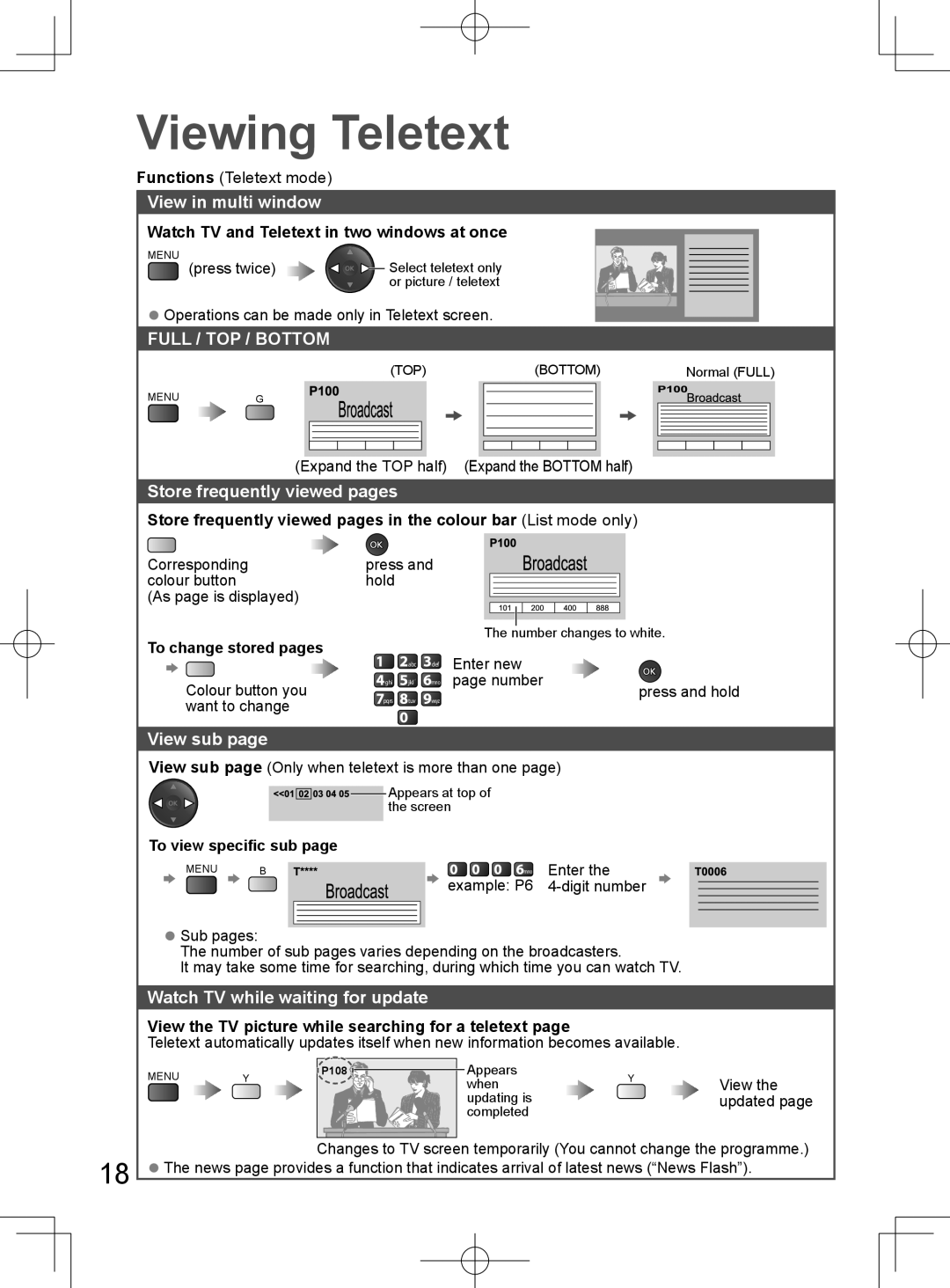 Panasonic TH-L32D25M manual View in multi window, Full / Top / Bottom, Store frequently viewed pages, View sub page 