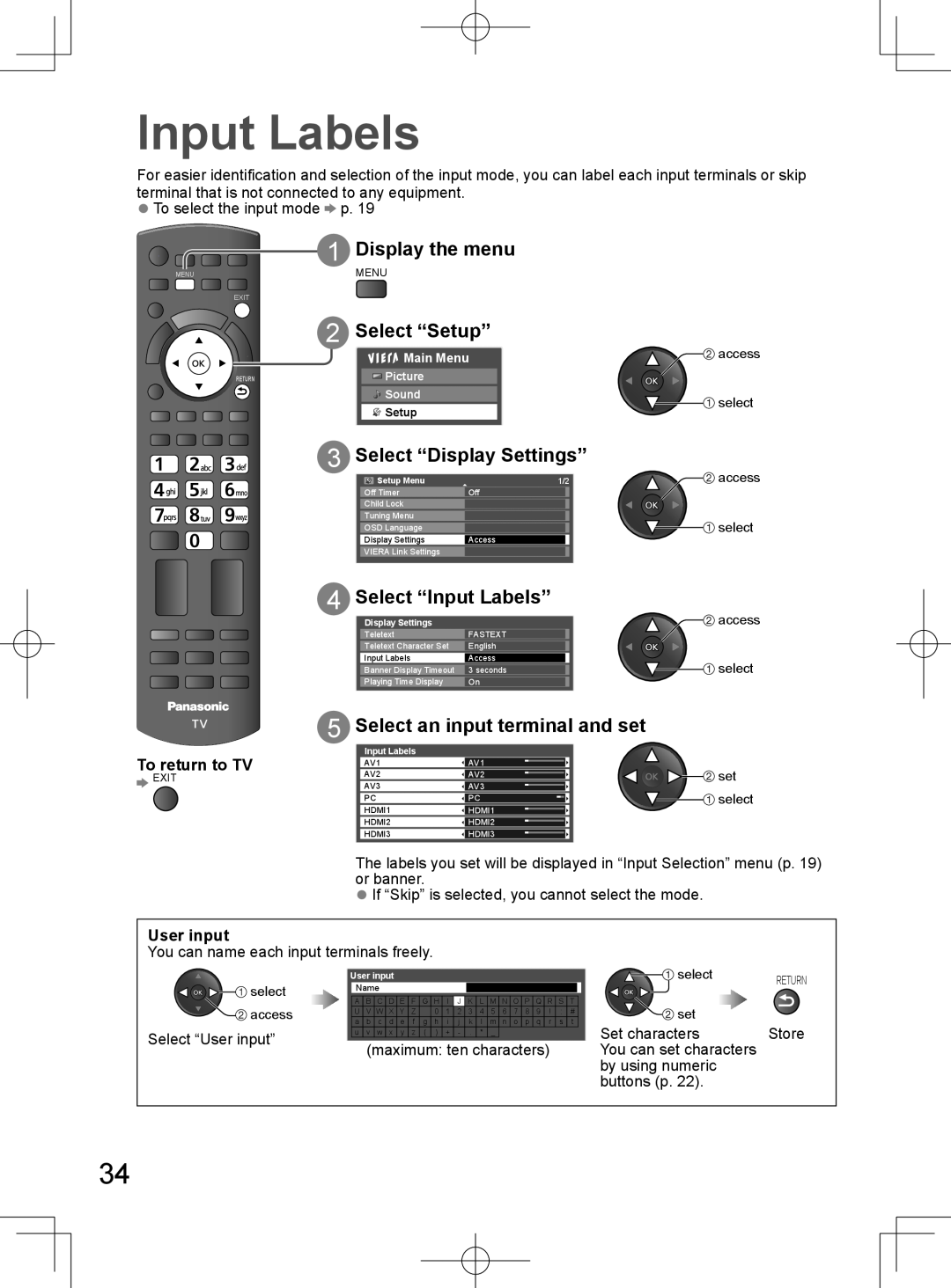 Panasonic TH-L32D25M Display the menu, Select “Setup”, Select “Display Settings”, Select “Input Labels”, User input 