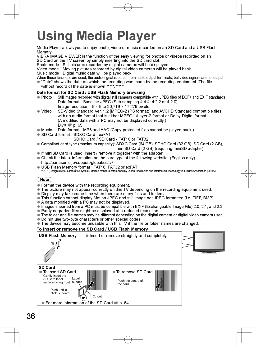 Panasonic TH-L32D25M manual Using Media Player, Data format for SD Card / USB Flash Memory browsing 