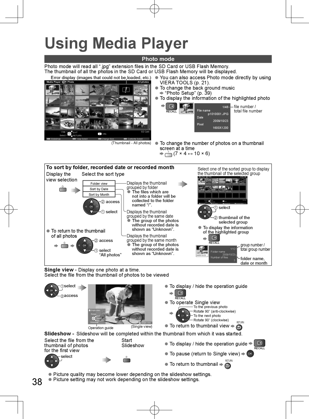 Panasonic TH-L32D25M Photo mode, To sort by folder, recorded date or recorded month, To display / hide the operation guide 