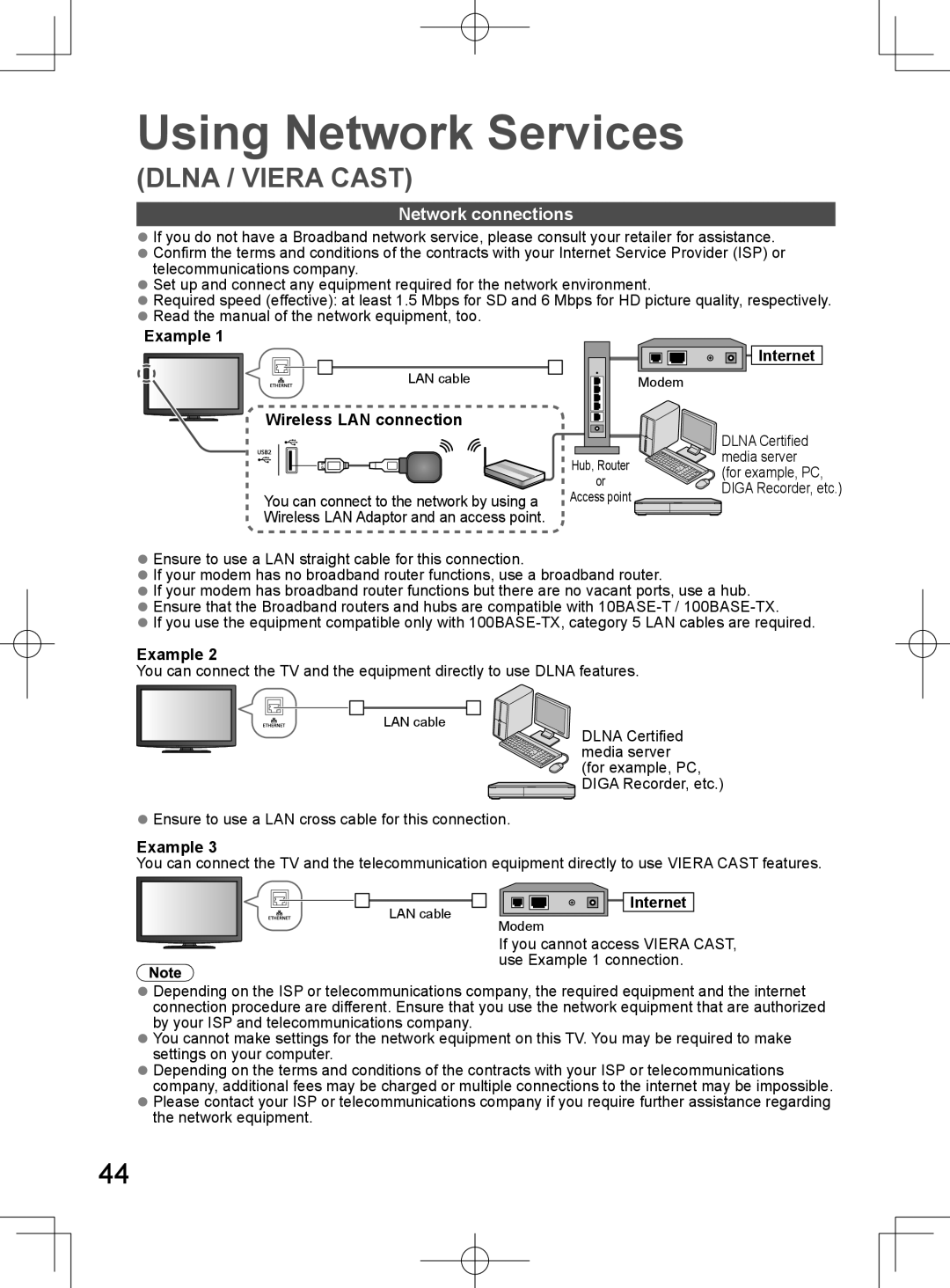 Panasonic TH-L32D25M manual Network connections, Example, Wireless LAN connection, Internet, Using Network Services 