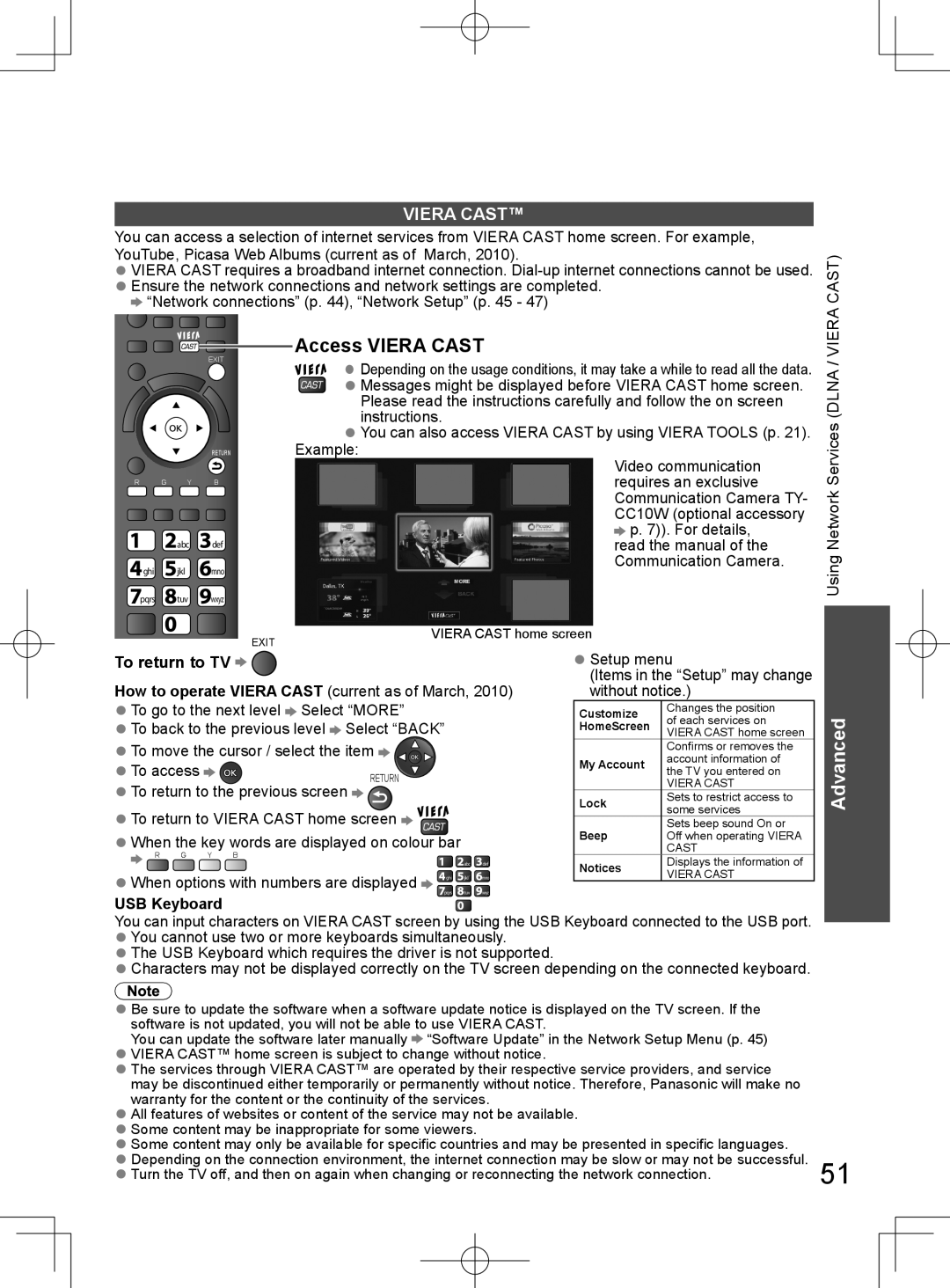 Panasonic TH-L32D25M manual Access VIERA CAST, Viera Cast, USB Keyboard, Advanced, To return to TV 