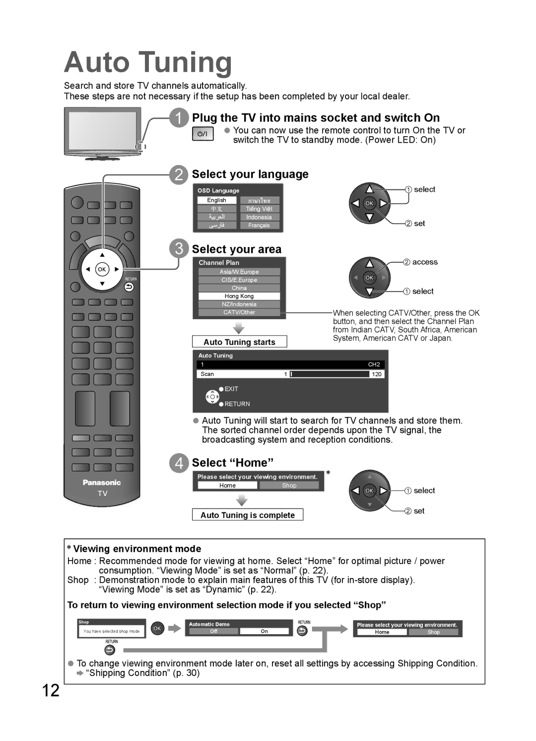 Panasonic TH-L32U20M manual Auto Tuning, Plug the TV into mains socket and switch On, Select your language, Select Home 