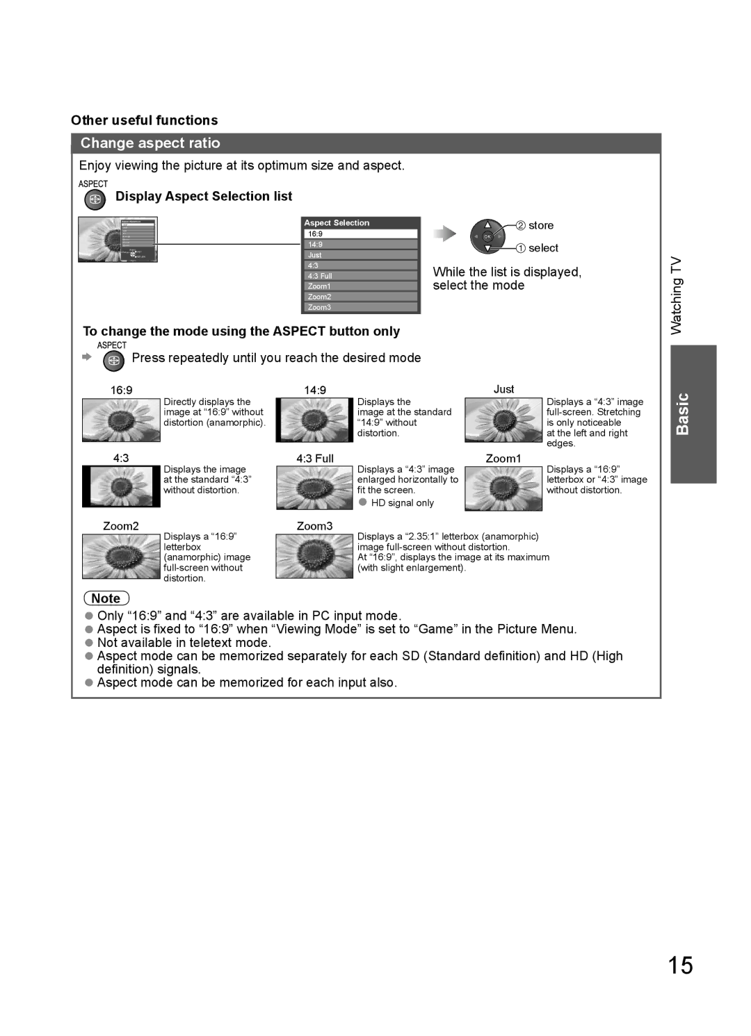 Panasonic TH-L32U20X Change aspect ratio, Display Aspect Selection list, To change the mode using the Aspect button only 