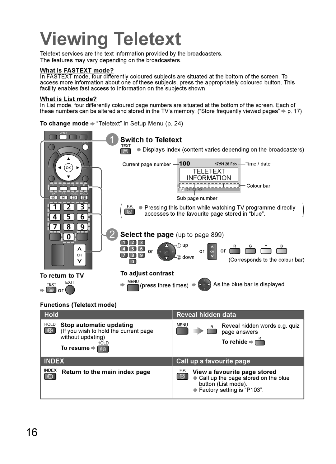 Panasonic TH-L32U20T Viewing Teletext, Switch to Teletext, Select the page up to, Reveal hidden data, Call up a favourite 