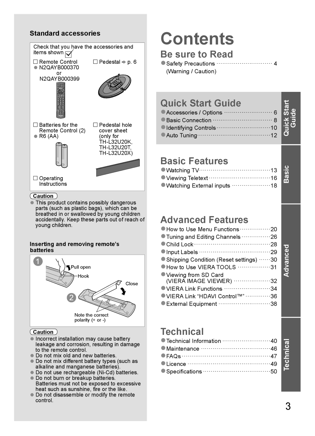 Panasonic TH-L32U20R, TH-L32U20X, TH-L32U20T, TH-L32U20M, TH-L32U20K manual Contents 