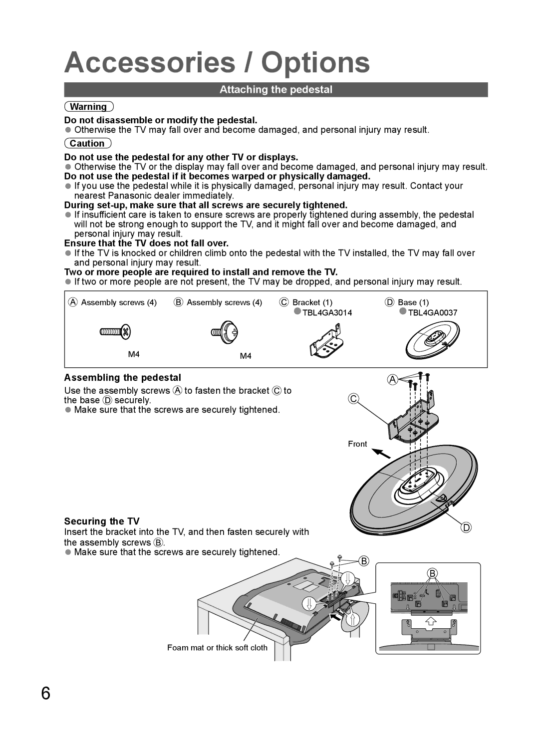 Panasonic TH-L32U20T, TH-L32U20X, TH-L32U20M, TH-L32U20R, TH-L32U20K manual Accessories / Options, Attaching the pedestal 