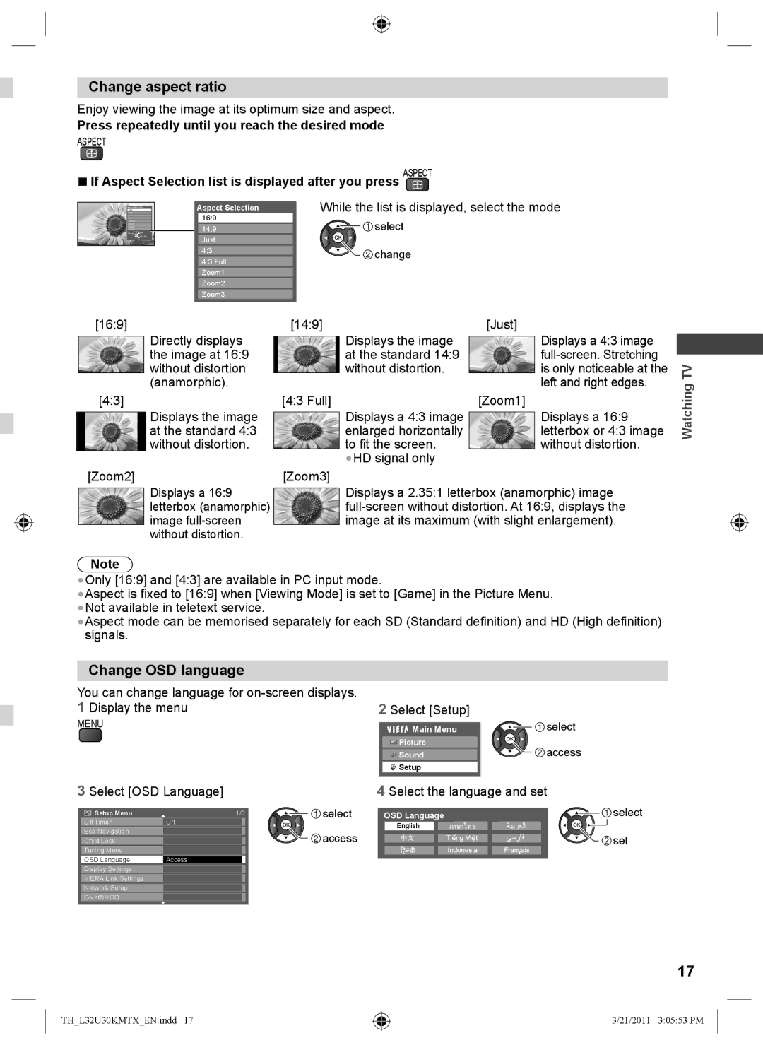 Panasonic TH-L32U30X manual Change aspect ratio, Change OSD language, Press repeatedly until you reach the desired mode 