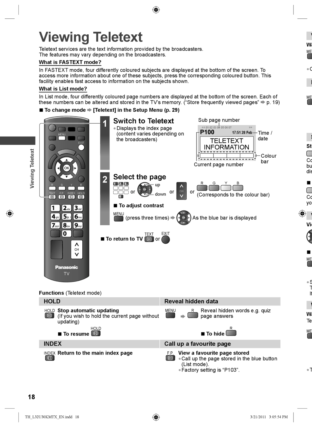 Panasonic TH-L32U30T, TH-L32U30M Viewing Teletext, Switch to Teletext, Select, Reveal hidden data, Call up a favourite 