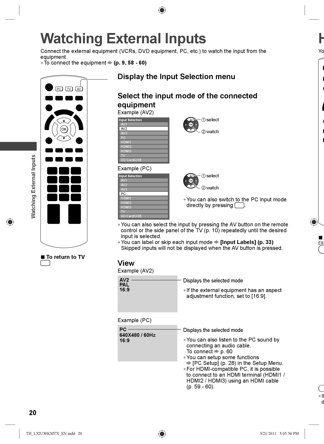 Panasonic TH-L32U30X, TH-L32U30T, TH-L32U30M manual Watching External Inputs, To return to TV 