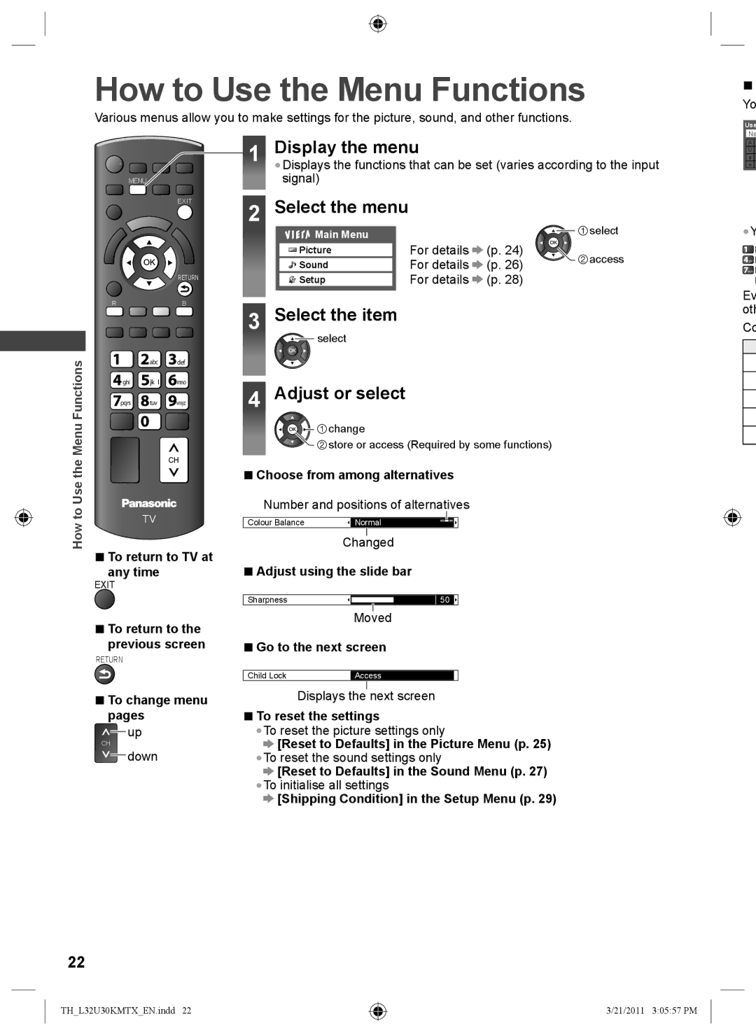 Panasonic TH-L32U30M How to Use the Menu Functions, Display the menu, Select the menu, Select the item, Adjust or select 