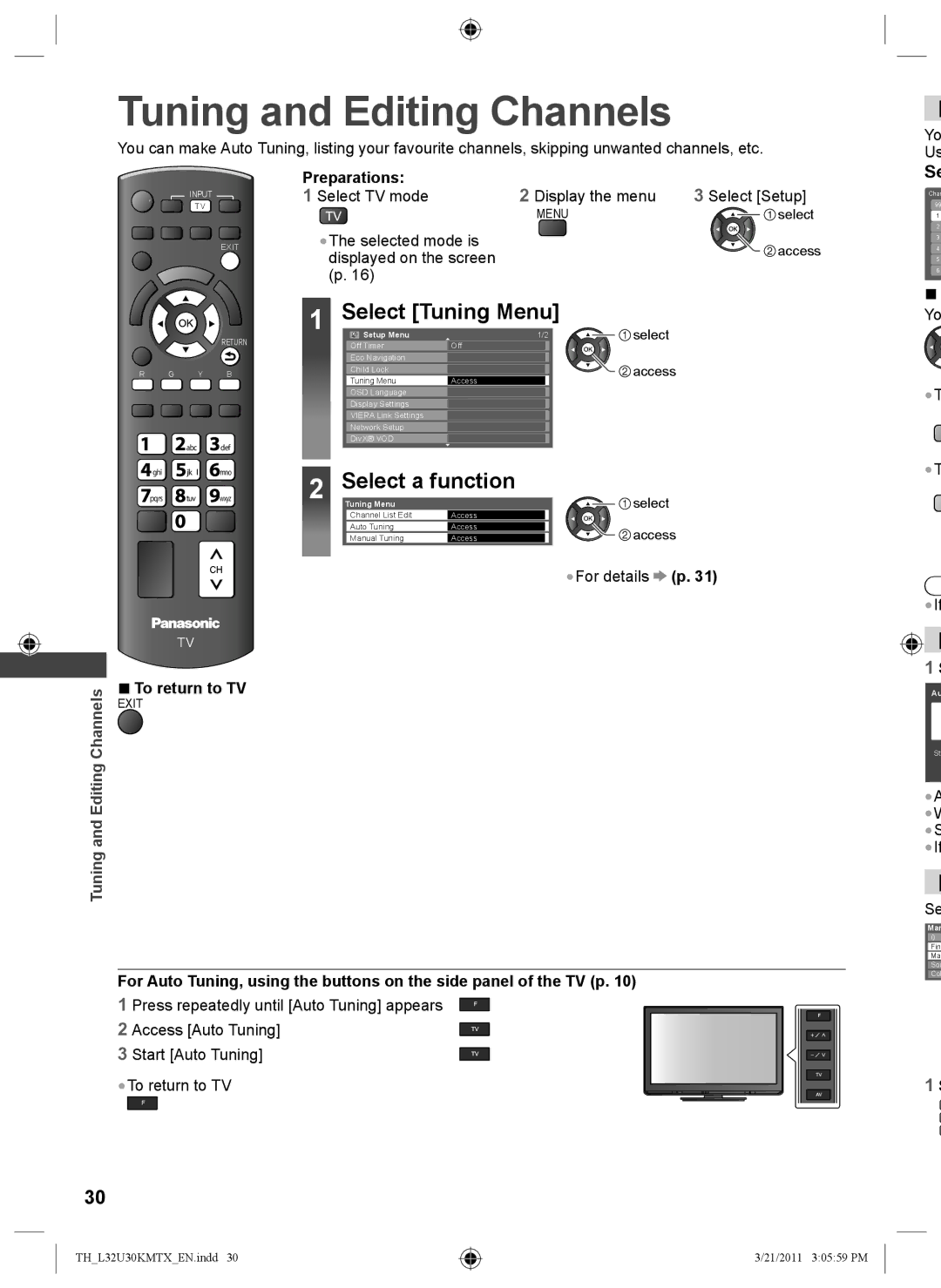 Panasonic TH-L32U30T, TH-L32U30M manual Tuning and Editing Channels, Select Tuning Menu, Select a function, Preparations 