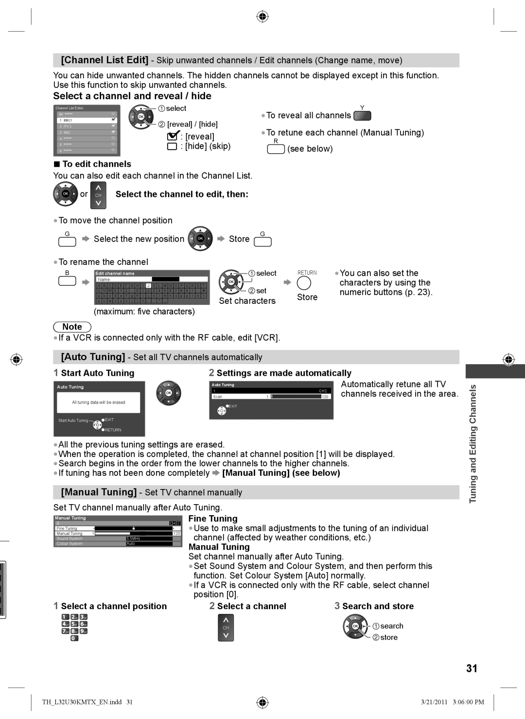 Panasonic TH-L32U30M, TH-L32U30T Select a channel and reveal / hide, Start Auto Tuning Settings are made automatically 