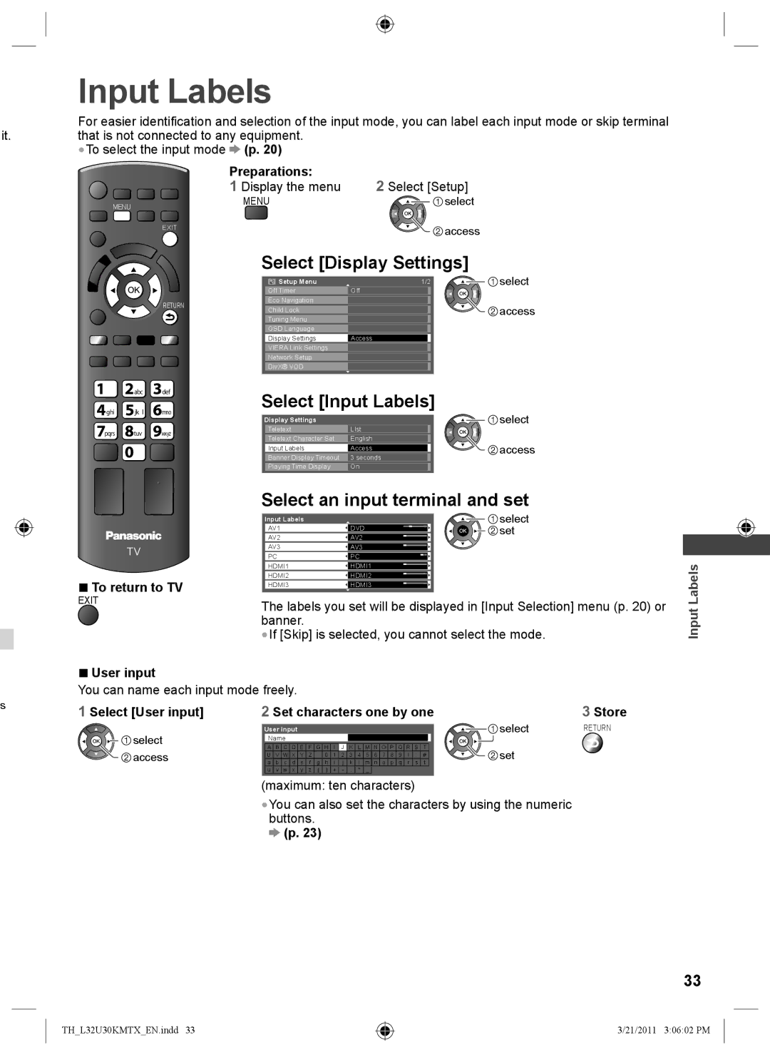 Panasonic TH-L32U30T, TH-L32U30M manual Select Display Settings, Select Input Labels, Select an input terminal and set 