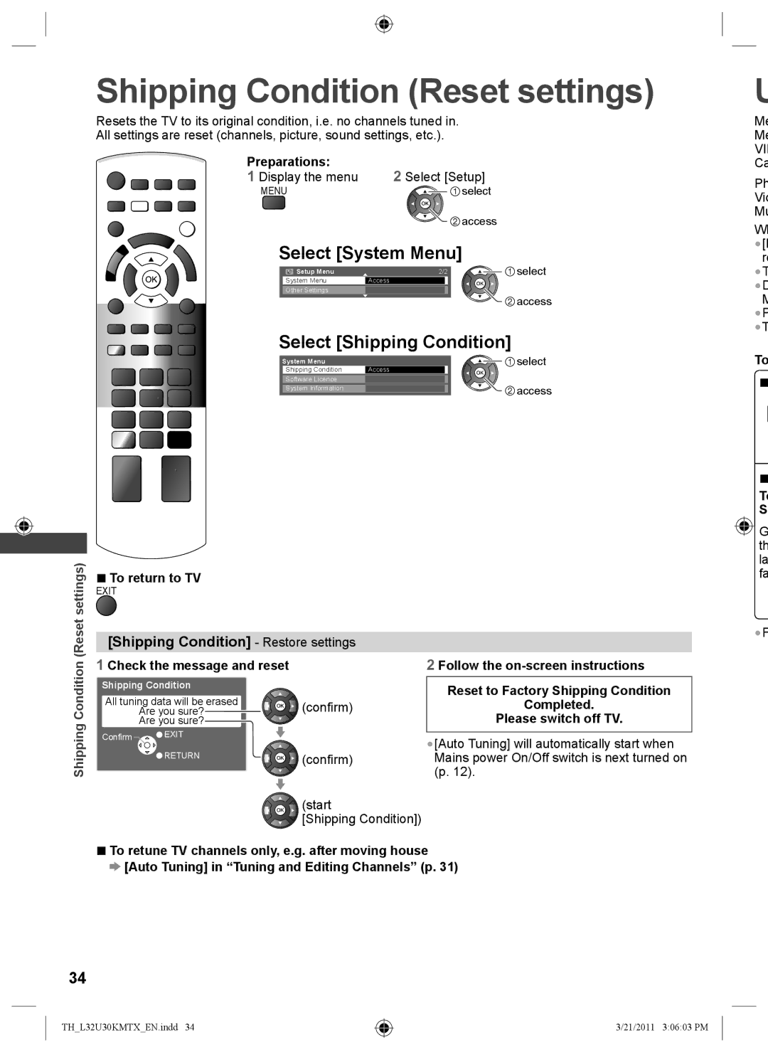 Panasonic TH-L32U30M, TH-L32U30T manual Shipping Condition Reset settings, Select System Menu, Select Shipping Condition 