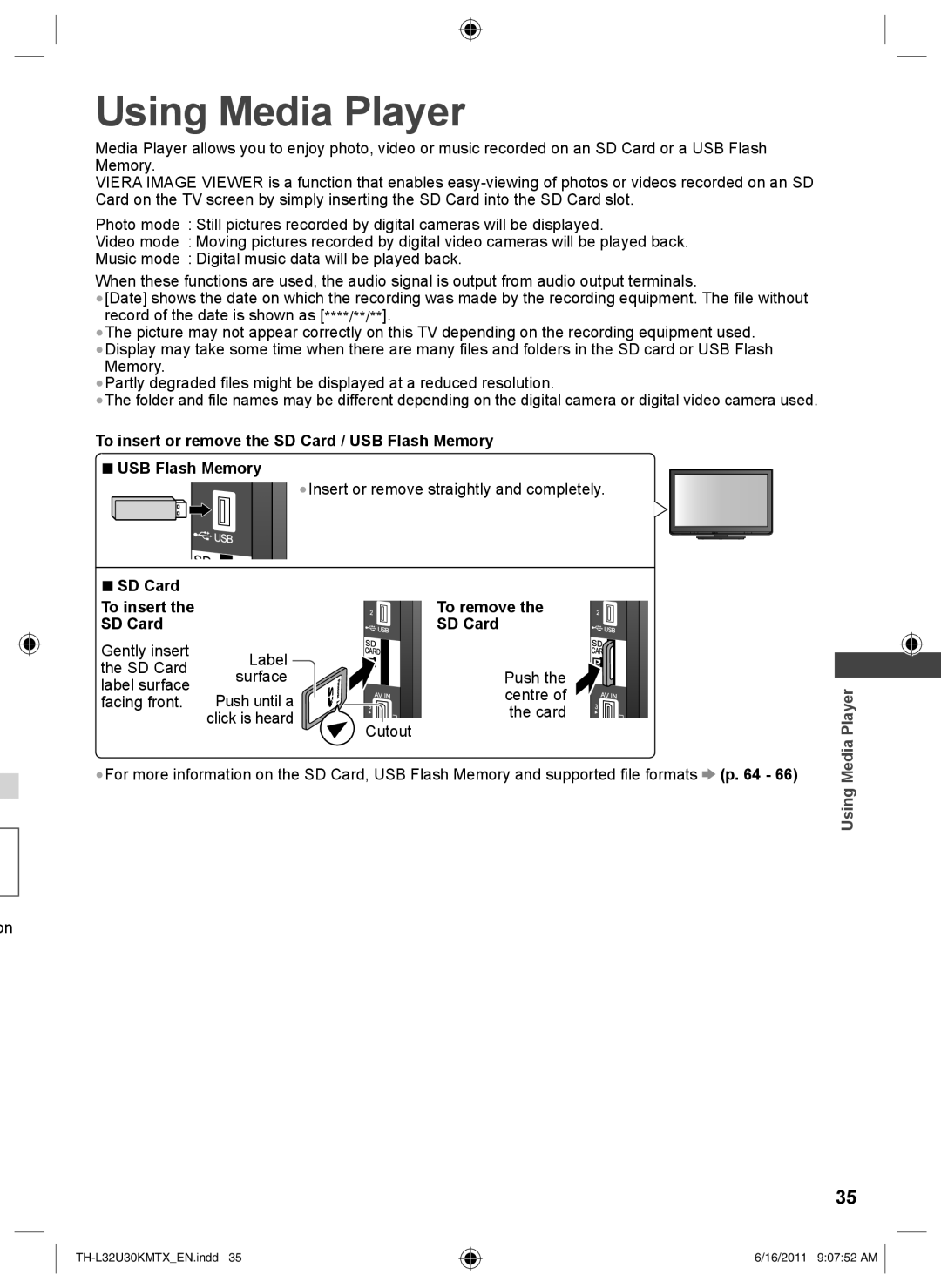 Panasonic TH-L32U30X Using Media Player, To insert or remove the SD Card / USB Flash Memory, SD Card To insert To remove 