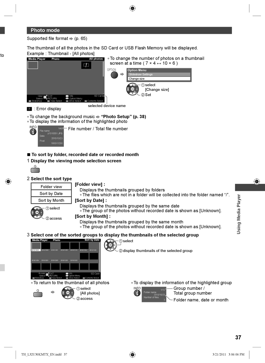 Panasonic TH-L32U30M, TH-L32U30T manual Photo mode, Example Thumbnail All photos, Folder view, Sort by Date, Sort by Month 