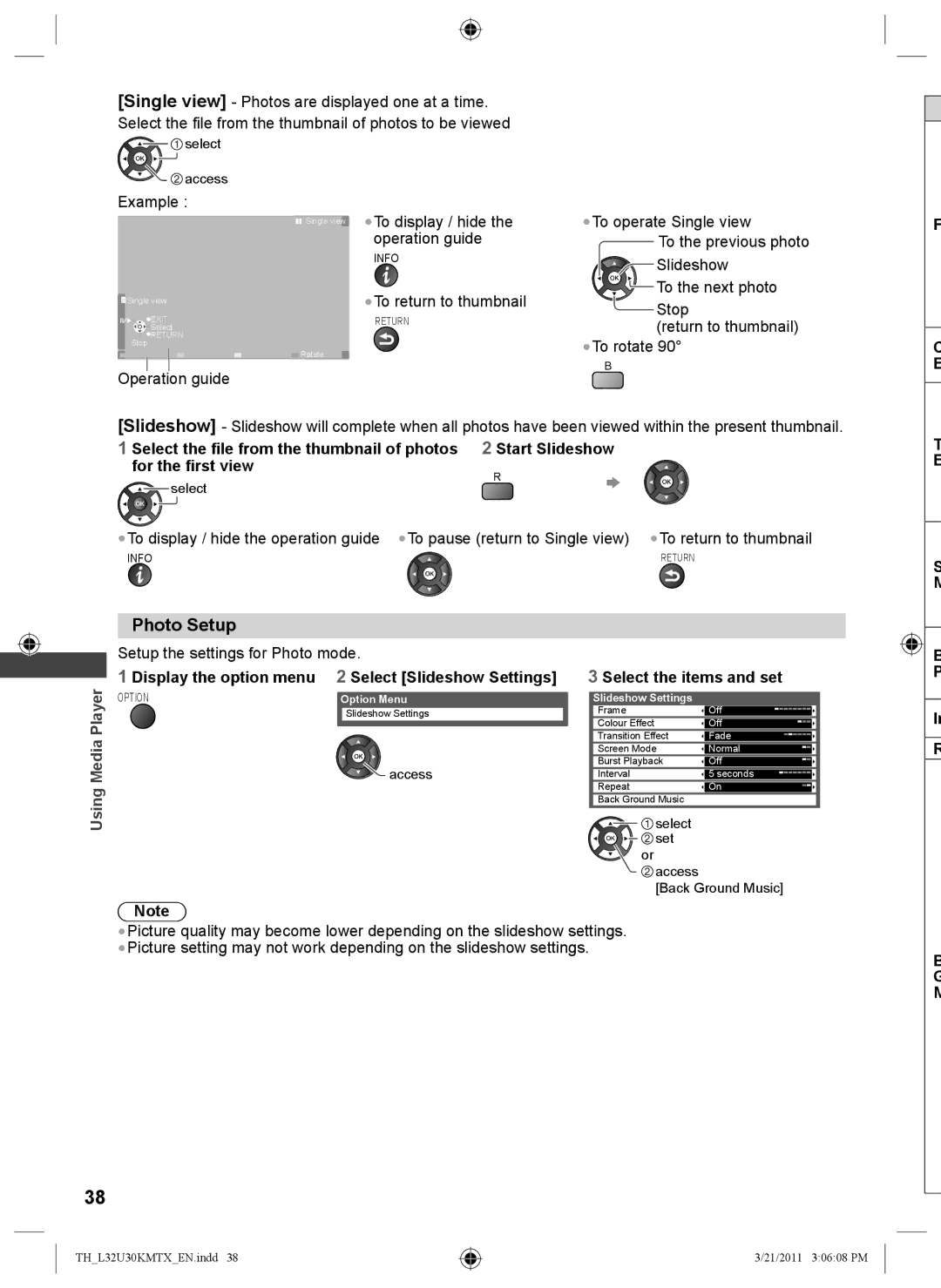 Panasonic TH-L32U30X, TH-L32U30T Photo Setup, To return to thumbnail, Display the option menu 2 Select Slideshow Settings 