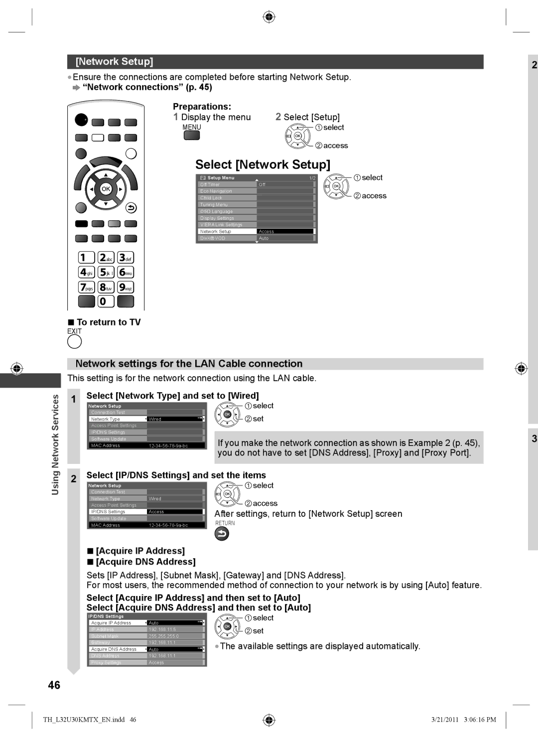 Panasonic TH-L32U30M, TH-L32U30T, TH-L32U30X manual Select Network Setup, Network settings for the LAN Cable connection 