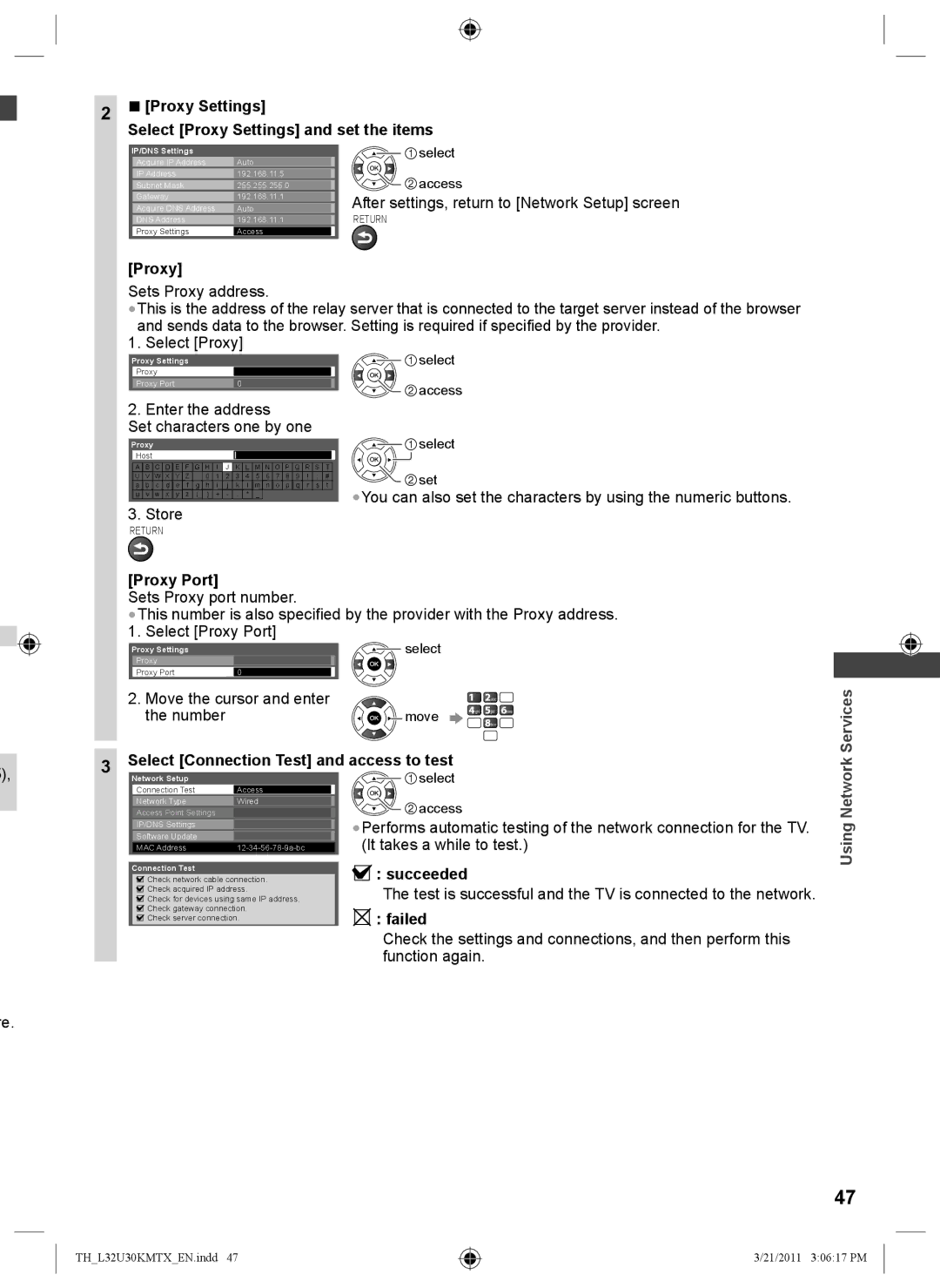 Panasonic TH-L32U30X, TH-L32U30T, TH-L32U30M manual Select Connection Test and access to test, Network, Succeeded, Failed 