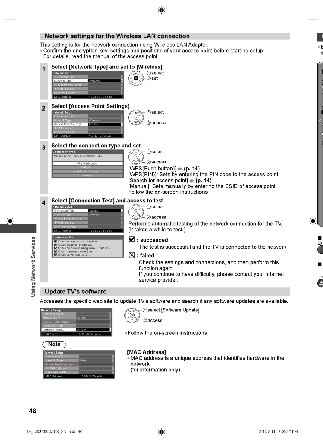 Panasonic TH-L32U30T Network settings for the Wireless LAN connection, Update TV’s software, Select Access Point Settings 